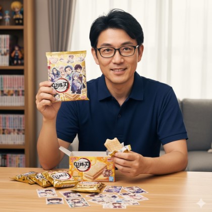 現役コンビニ店長の男性が、鬼滅の刃ウエハースのパッケージと中身のシール、ウエハースを手に持ち、楽しそうに微笑んでいる。