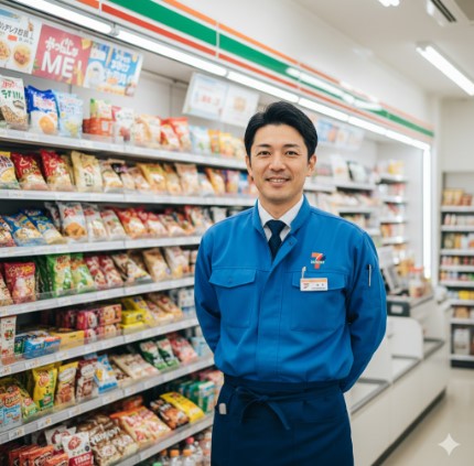 コンビニの制服を着た日本人男性店長（齋藤正志）が、清潔な店内で温かく微笑んでいる様子。
