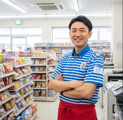 コンビニの制服を着た日本人男性店長が、明るい店内で笑顔で迎えている様子。