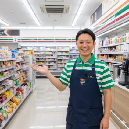 コンビニ店長の制服を着た運営者の齋藤正志氏が、店内で笑顔で挨拶している様子。