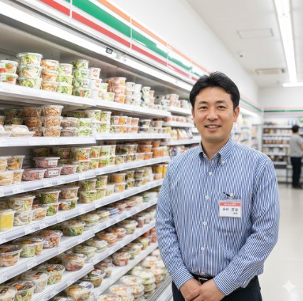 コンビニエンスストアの店内で笑顔を見せる日本人男性の店長。親しみやすい表情で、背景にはきれいに陳列されたセブンイレブンの商品棚が見える。