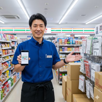 現役の日本人コンビニ店長が、セブンイレブンの店内でスマートフォンを持ち、宅配便の受付コーナーを指して笑顔で説明する様子。