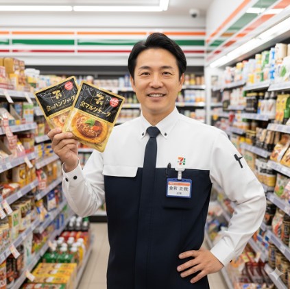 コンビニ店長がセブンイレブンの「金シリーズ」商品（金のハンバーグ、金のマルゲリータ）を持ち、笑顔でポーズをとる。