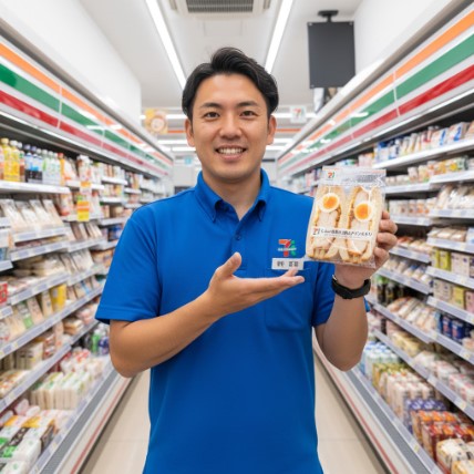 コンビニの店員が「たんぱく質が摂れるチキン&チリ」サンドイッチを持っている様子。