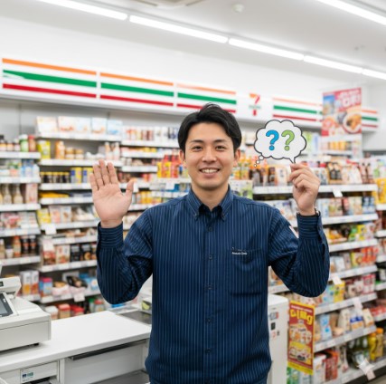 コンビニの店長らしき日本人男性が、笑顔で読者の方を見ながら片手を上げて挨拶している様子。背景には明るく清潔感のあるコンビニエンスストアの店内がぼんやりと見える。