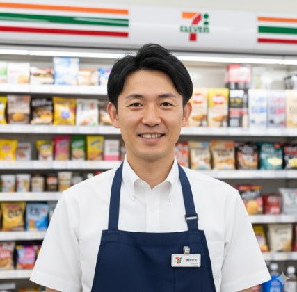 コンビニエンスストアの制服を着た日本人男性店長が、温かい笑顔で挨拶している様子。背景には清潔で整理されたコンビニの店内が広がる。