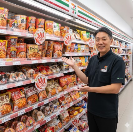 コンビニエンスストアのセブンイレブン店長が、店内の辛い食べ物コーナーを笑顔で紹介している様子。