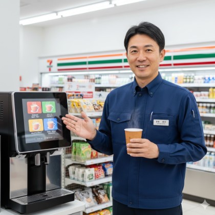コンビニ店長がセブンイレブンの紅茶マシンの前で笑顔で立っている