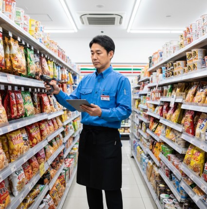 現役のコンビニ店長が店舗で真剣に在庫を確認している様子。