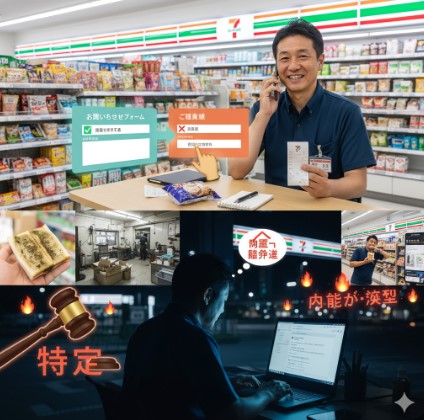 セブンイレブンの店舗内で、笑顔で電話対応する日本人男性店長。その周囲には、問い合わせフォームの選択、不適切な食品の画像、深夜にパソコンでクレーム投稿をする男性、燃え上がるSNSアイコン、裁判所の木槌と「特定」の文字がコラージュされ、コンビニにおけるクレーム処理の公式ルートとSNS投稿リスクを視覚的に表現している。