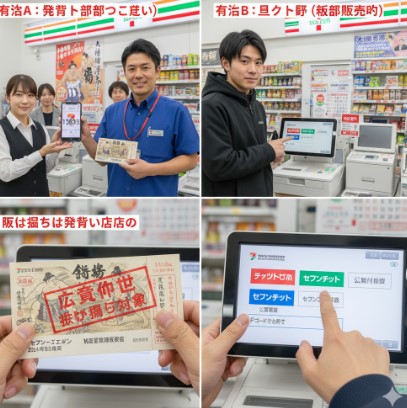 セブンイレブンのコンビニ店長、齋藤正志が笑顔で店舗運営を行い、相撲チケットに関する専門知識を読者に提供している様子。