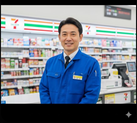 セブンイレブンのカウンターに立つ、信頼感のある日本人店長（運営責任者）の肖像。専門性と経験を示す。