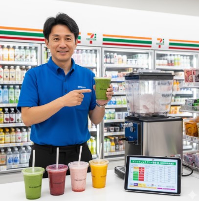 セブンイレブンの店長が、店内で作られた4種類のスムージーとスムージーマシンを指し示している。テーブルにはタブレットでスムージーの栄養成分表が表示されている。