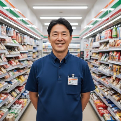 コンビニ店長が笑顔で棚の間に立つ、日本のセブンイレブンの店内風景。