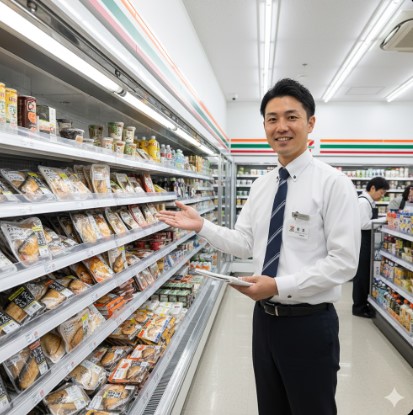コンビニ店長が笑顔でセブンイレブンの焼魚コーナーを紹介している様子。