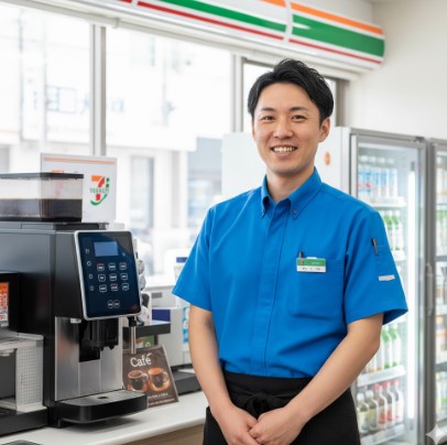 セブンイレブンの制服を着た日本人男性の店長が、セブンカフェのコーヒーマシンの横で笑顔で立っている。