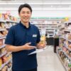 コンビニエンスストアの店内で、笑顔で野菜スティックディップを持つ日本人男性の店長