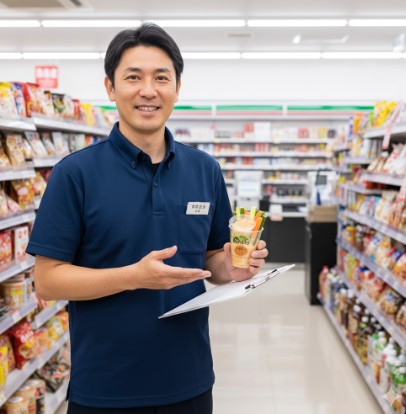 コンビニエンスストアの店内で、笑顔で野菜スティックディップを持つ日本人男性の店長