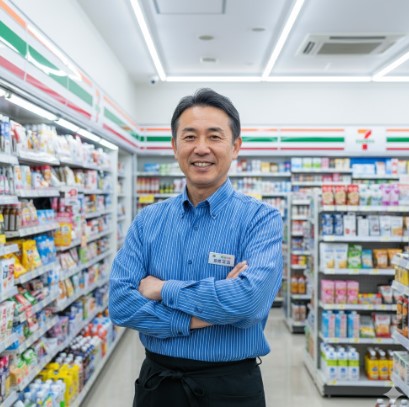 腕を組んで笑顔で立つ日本のコンビニ店長、齋藤正志。店長の制服を着ており、明るく清潔なコンビニエンスストアの通路に立っている。