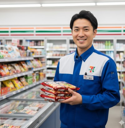 コンビニの制服を着た日本人男性店長が、明るく笑顔でこちらに挨拶している様子。背景には清潔感のあるコンビニ店内がぼやけて写っている。