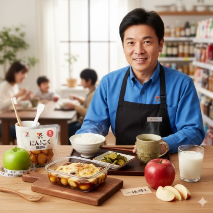 コンビニの制服を着て穏やかに微笑む40代の日本人男性店長。背景には明るい店内の商品棚が写っている。