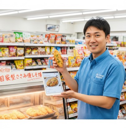 現役の日本人コンビニ店長が、セブンイレブンの人気ホットスナック「ささみ揚げ（梅しそ）」の再現レシピをタブレットで紹介している。