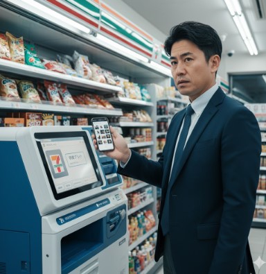 セブンイレブンのマルチコピー機の前に立ち、写真プリントの操作をしようとしている日本人客の様子。