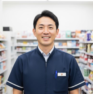 セブンイレブンの制服を着て笑顔で立っている日本人男性のコンビニ店長。記事の執筆者である店長自身を示し、専門性と信頼感を高める。