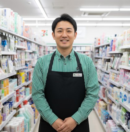 コンビニの制服を着た30代から40代の日本人男性店長が、明るい店内の日用品売り場の前で穏やかに微笑んでいる様子。