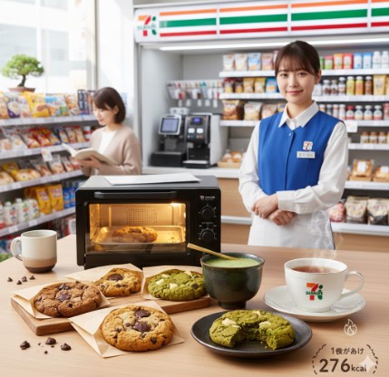 コンビニ店内で働く店長が、セブンイレブンの「お店で焼いたクッキー」を専用オーブンで温め、抹茶、紅茶など様々な種類の焼きたてクッキーとドリンクが並んだテーブルに立つ様子