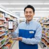 笑顔でスマートフォンを差し出し、セブンイレブンの店内でおすすめを紹介する日本人男性のコンビニ店長