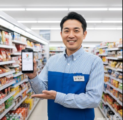 笑顔でスマートフォンを差し出し、セブンイレブンの店内でおすすめを紹介する日本人男性のコンビニ店長