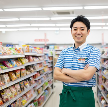 コンビニエンスストアの制服を着て笑顔で立つ、30代くらいの日本人男性店長。背景には清潔感のあるコンビニの商品棚がぼんやりと見える。