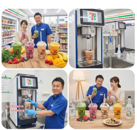 現役の日本人コンビニ店長である齋藤正志が、セブンイレブンの店舗内で笑顔でスムージーを紹介している。隣には女性スタッフが立ち、複数種類のスムージーが並べられたカウンターを背景に、彼らがスムージーを手にしている。