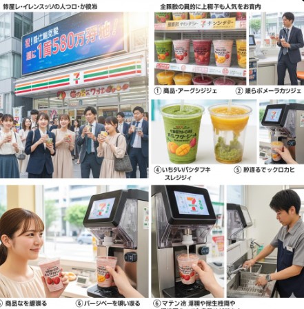 活気あるセブンイレブンの店舗前で、多様な年代の日本人顧客がセブンイレブンスムージーを手に楽しそうに飲んでいる。彼らの背後には、スムージーの広告が掲げられた店舗の外観が見える。