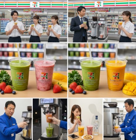 明るいコンビニの店内で、様々な種類のセブンイレブンスムージー（グリーンスムージー、ベリーベリーヨーグルト、いちごバナナソイ、マンゴー＆マンゴーなど）が鮮やかに並べられている。手前にはそれぞれのスムージーの材料となる新鮮なフルーツや野菜が配置されている。