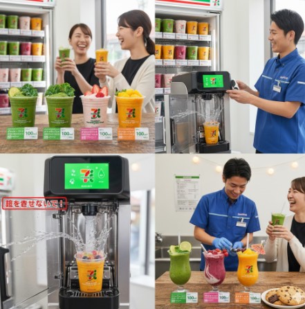 楽しそうにセブンイレブンスムージーを飲む日本人女性が二人。テーブルには様々な種類のスムージーが並べられ、それぞれのカップには「100kcal」といった低カロリーを示す情報が記載されたタグが添えられている。