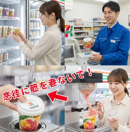 セブンイレブンの店内で、日本人女性がスムージーマシンの操作方法を順番に示している。冷凍ケースからスムージーカップを選び、レジで会計を済ませ、マシンのバーコードリーダーにカップの蓋をかざし、最後に蓋を剥がしてマシンにセットする一連の動作が分かりやすく描写されている。