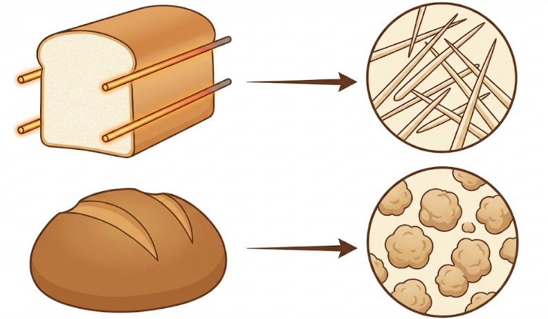 電極式焼成法で作られた耳のないパンと剣立ちの良いパン粉の拡大図、および従来のオーブン焼成パンと丸いパン粉の比較図。