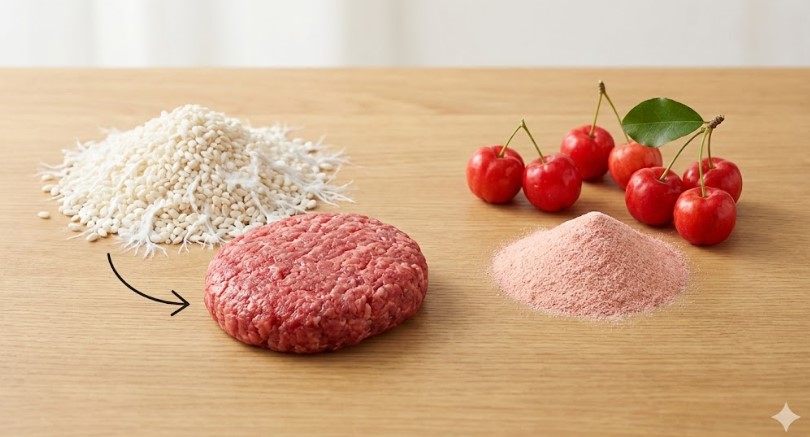 セブンプレミアムパン粉に含まれる米麹と、それがハンバーグパティに与える効果を示す矢印、および天然由来のアセロラ果実と粉末のイメージ。