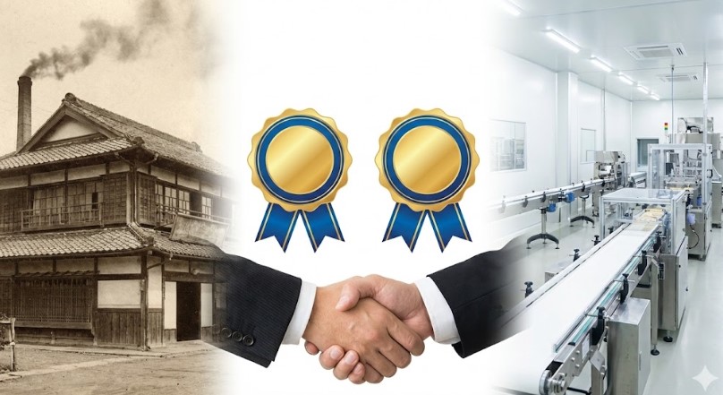 長い歴史を持つ日本の工場、現代的な自動化工場、国際的な安全基準を示す認証メダル、そして信頼を表すビジネスマンの握手を組み合わせたコラージュ画像。