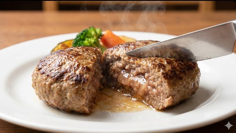 ナイフで半分に切られ、断面から肉汁が溢れ出している、焼きたてのふっくらとしたハンバーグのアップ写真。