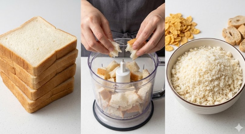 食パンから生パン粉を作る手順を示す3枚の写真（左：食パン、中央：フードプロセッサーで砕く様子、右：完成した生パン粉と代用のコーンフレーク・お麩）。