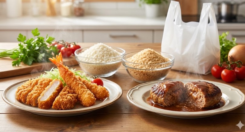 サクサクのトンカツとエビフライ、肉汁あふれるハンバーグの調理例。背景には白いパン粉と茶色いパン粉が入ったボウル、そしてコンビニのレジ袋が置かれ、セブンイレブンのパン粉を使った食卓をイメージしている。