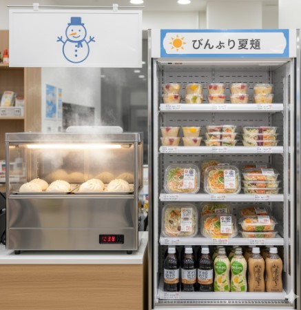 中華まんスチーマーと、その隣に陳列された夏物冷製デザートや冷たい麺類の冷蔵ケースの対比。季節商品入れ替えの様子