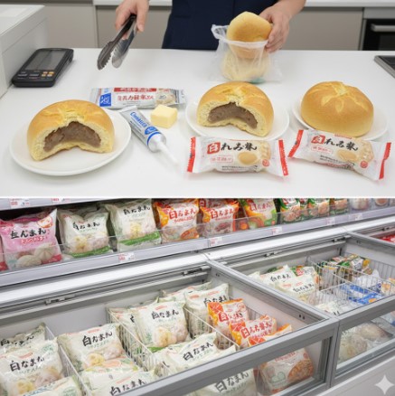 黒ごま餡のあんまんと、白餡ベースのミルク餡まんが並べられた対比図。東西の餡子の文化の違いを象徴。