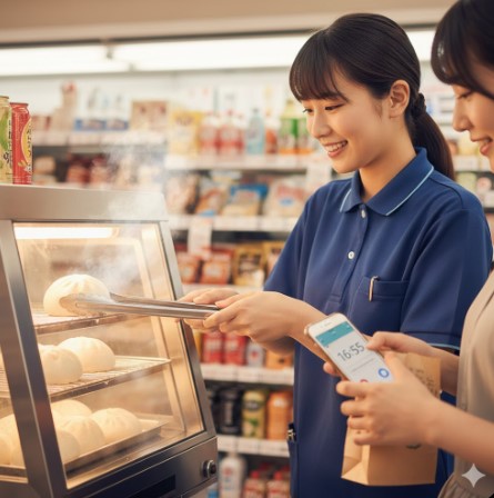 コンビニの店員が、蒸し上がり時間に合わせて中華まんをスチーマーから取り出している様子。狙い目の来店時間を示す