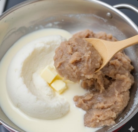 セブンイレブンのミルク餡まん（断面）と博多通りもんが比較できるように並べられたイメージ。和洋折衷の濃厚な餡の比較。