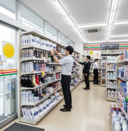 セブンイレブンの店内で、店員が日用品や衣料品の棚を整理している様子。