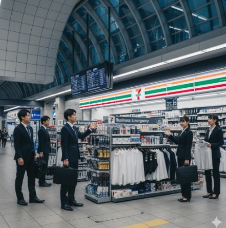駅構内にあるセブンイレブンで、ビジネスマンたちがワイシャツやビジネス関連の商品が並ぶ棚を見ている。